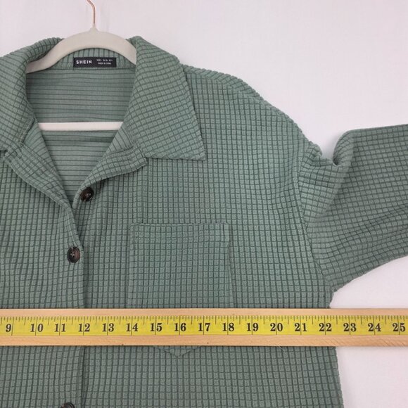 Green Waffle Knit Button-Up Shirt w/Chest Pocket & Long Sleeves Relaxed Fit - Picture 10 of 12
